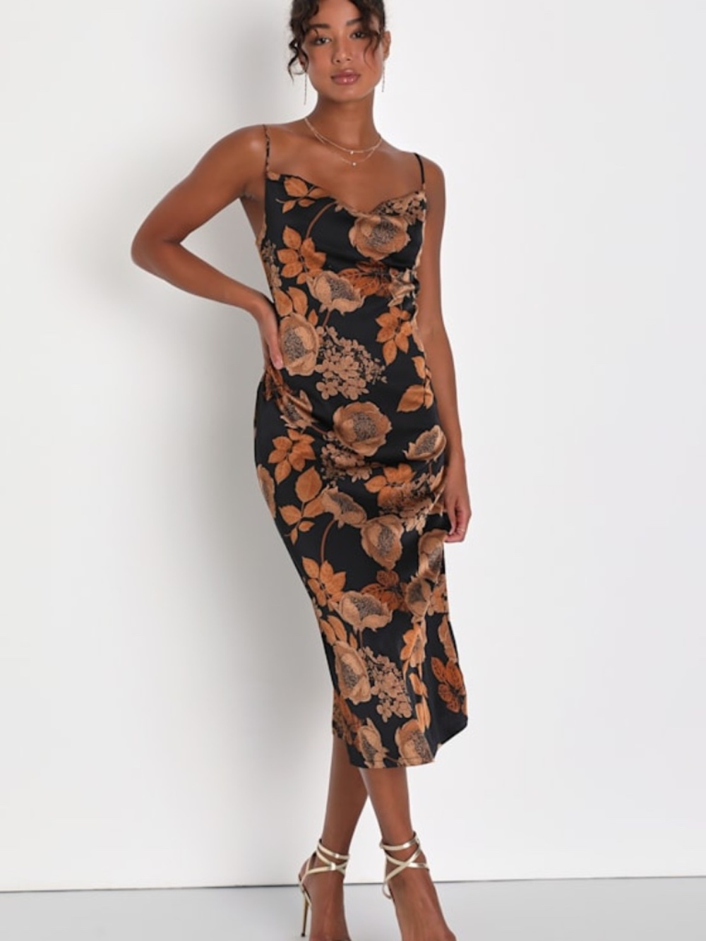 Lulus Favorite Icon Black Floral Satin Cowl Neck Slip Midi Dress - Size L